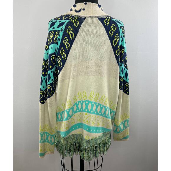 Gypsy 05 Global Village Green Cream Long Sleeve Open Fringe Cardigan Sweater S - Picture 5 of 9